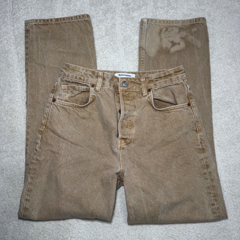 Reformation Cynthia High Rise Straight Jeans Tan Brown Button Fly Size 28